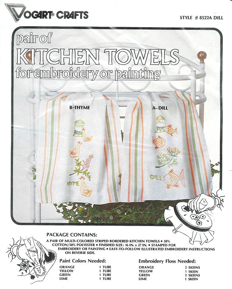 Kitchen Towels Embroidery Kit Dill Fish Stamped Orange Pink Green Red Vogart Vintage Set 2 Cotton
