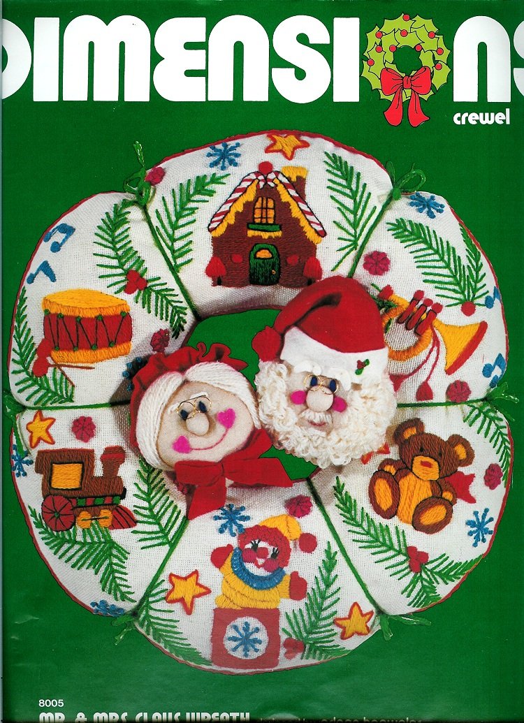 Dimensions Mr Mrs Santa Claus Wreath Crewel Embroidery Stamped Kit Vintage 14" Holiday Christmas