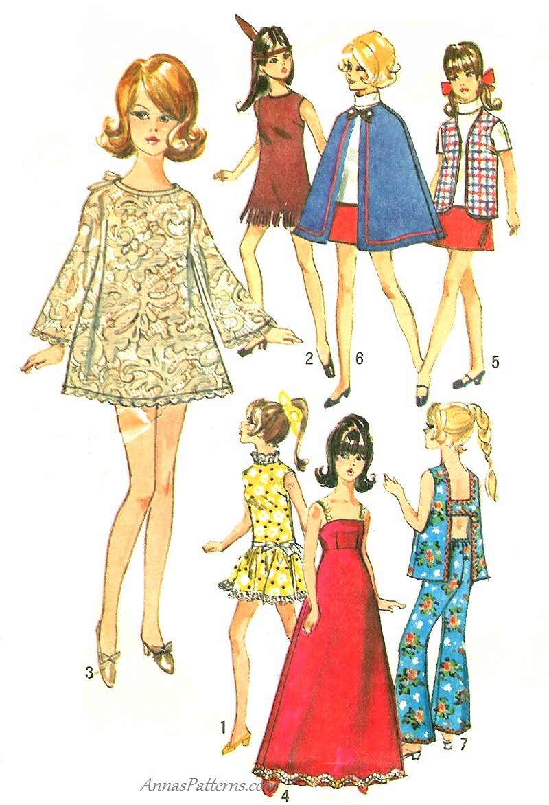 Vintage Barbie Clothes Sewing Pattern 60s Swing Shift Dress Gown Cape ...