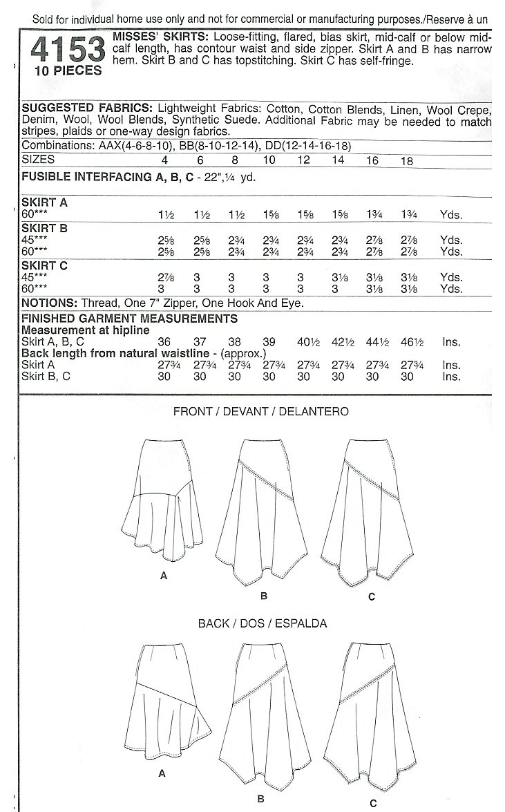 Asymmetrical Skirt Sewing Pattern 12 18 Bias Below Knee Flared Trendy Mod 4153 