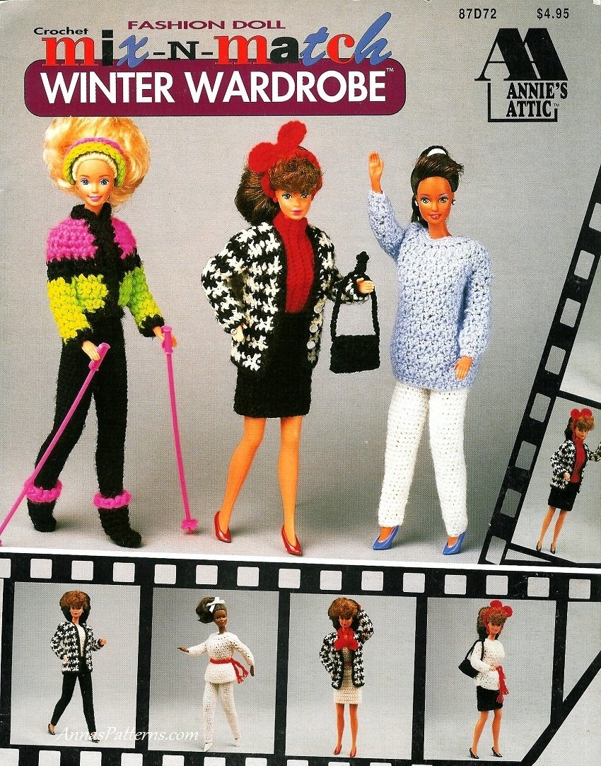 Barbie Winter Wardrobe Crochet Patterns Sweater Jacket Nightgown Slipper Stole Ski Boots