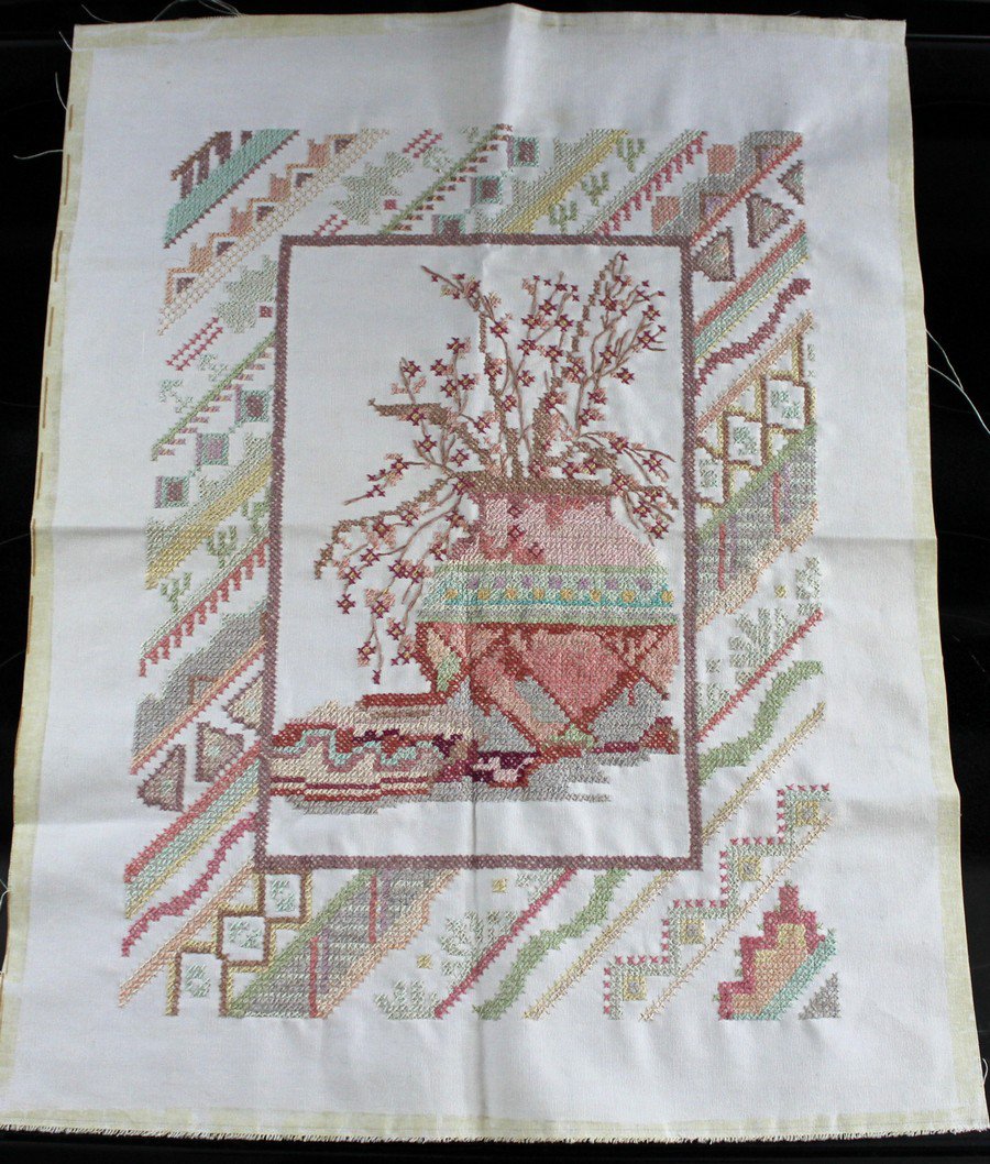 Southwestern Pottery Cross Stitch Completed 12 x 16 Pots Plants Tribal Native Art Wall Hanging