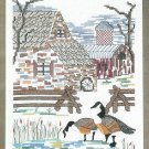 Barnyard Goose Stamped Cross Stitch Kit Sampler Farm Barn Winter Scene Linen 10 x 12
