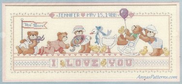 I Love You Birth Record Cross Stitch Kit Dimensions Teddy Bear Baby Stork 18 x 8