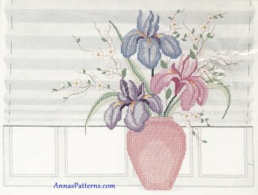 Iris Vase Cross Stitch Kit Flowers Window Pink Purple Green Printed Aida 18 x 14