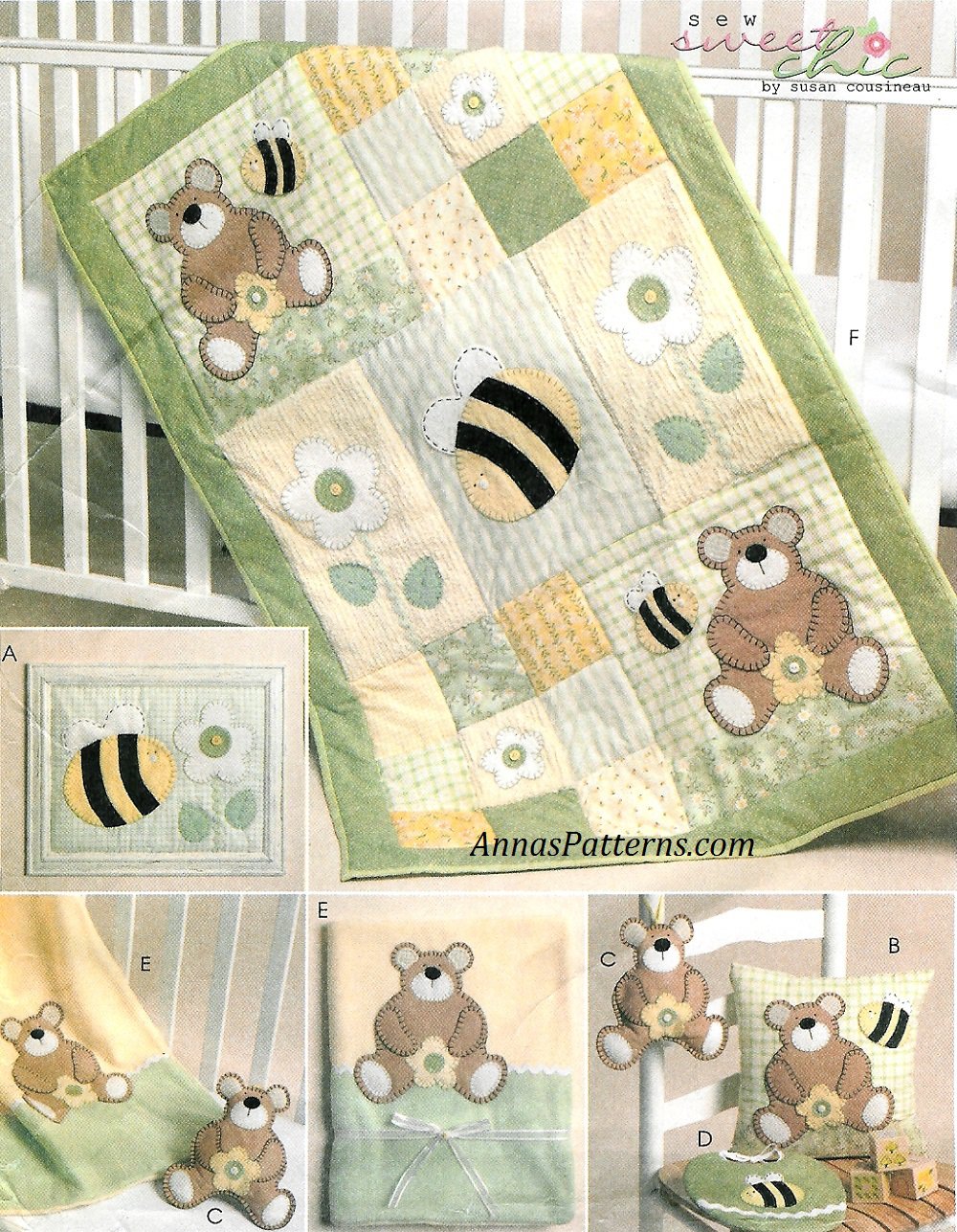 Baby Bedding Sewing Pattern Bee Bear Crib Quilt Blanket Pillow