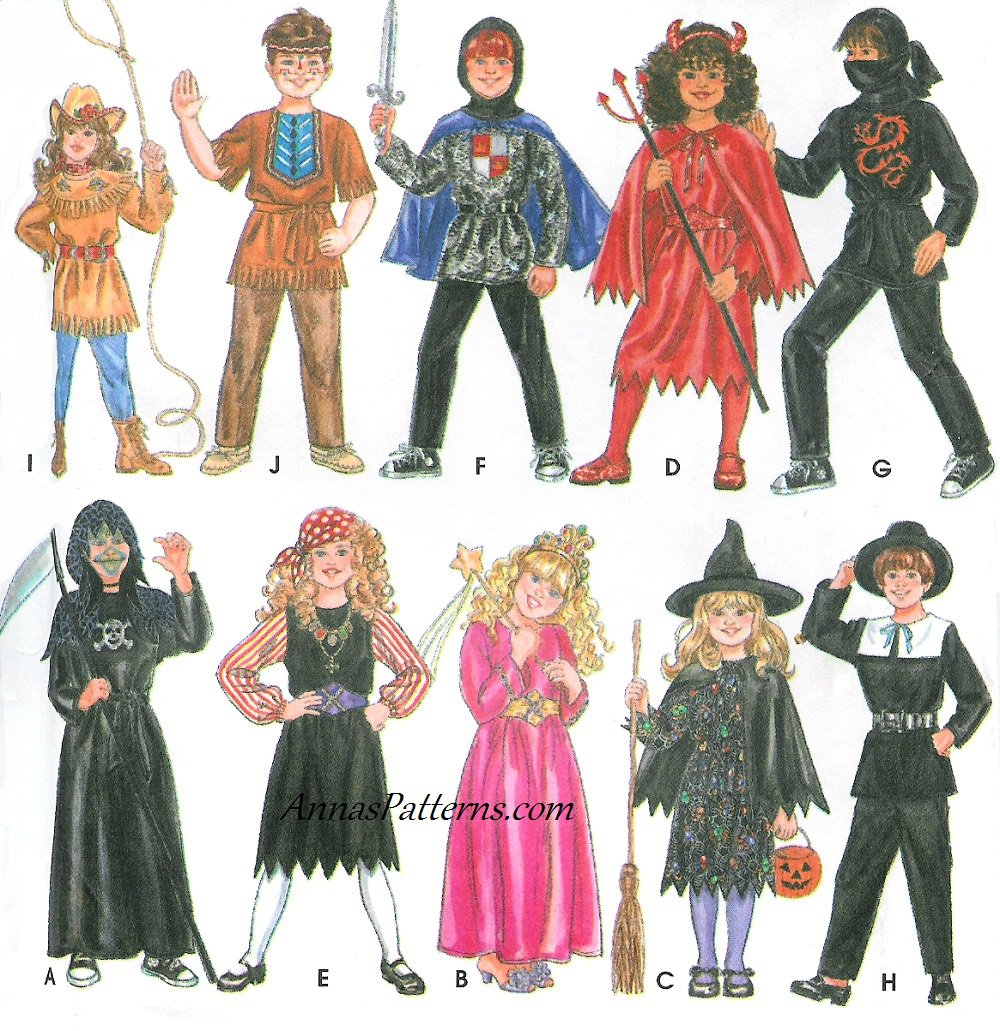 Boy Girl Costume Sewing Pattern 3-8 Cowgirl Indian Knight Devil Ninja Pirate Witch Pilgrim 9698