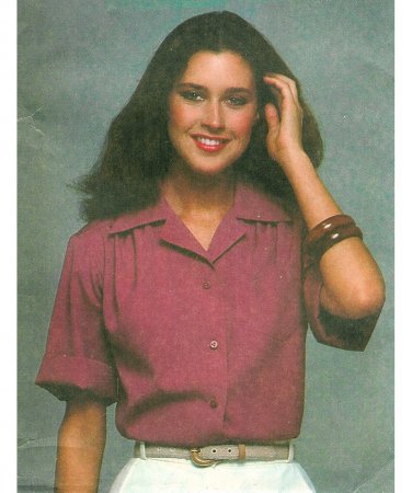 70s Short Sleeve Blouse Shirt Sewing Pattern 12-16 Easy Button Front Collar Cuff  8909