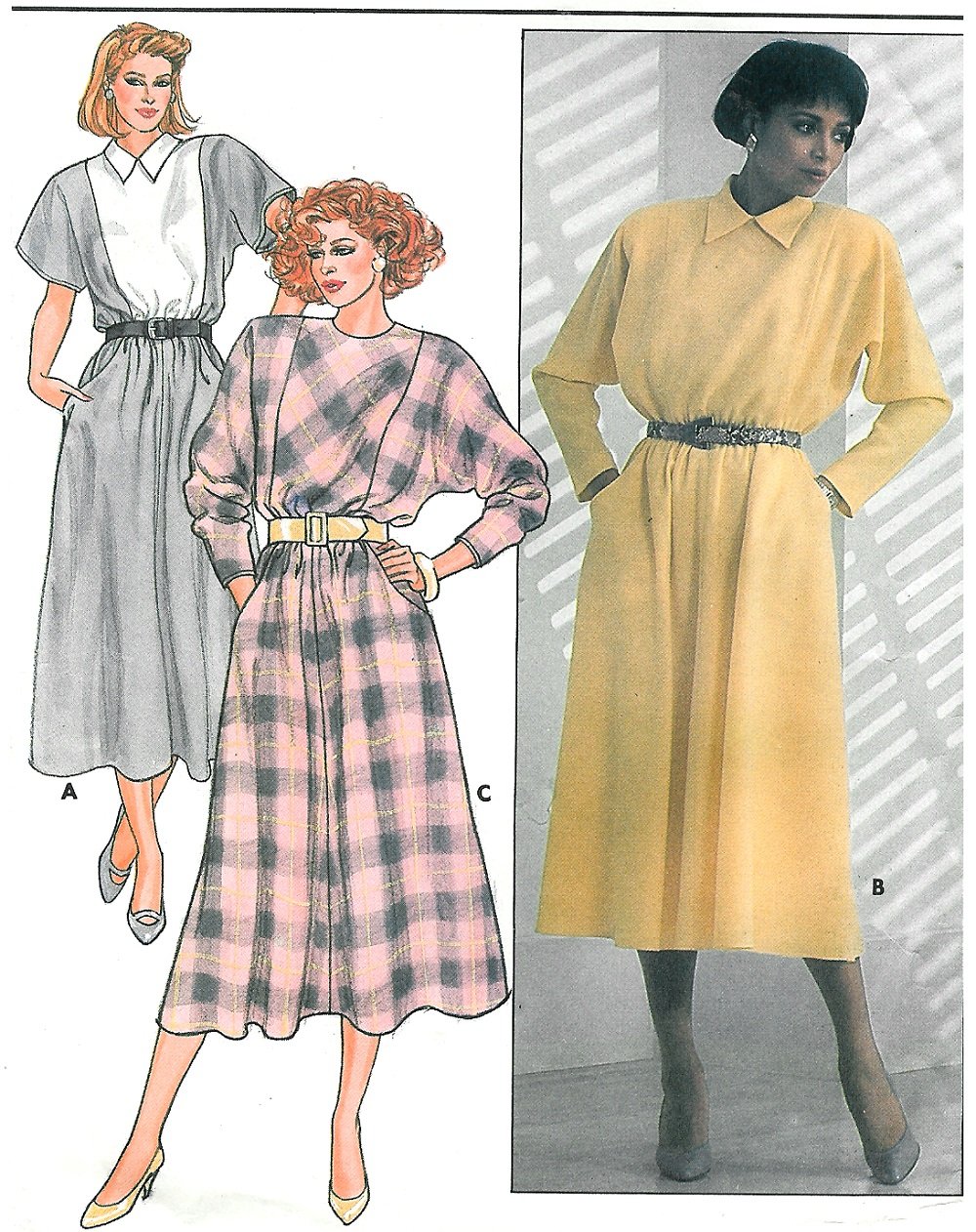 Belted Dress Sewing Pattern 12 16 Vtg 80s Kimono Below Knee Broad Shoulder 3336