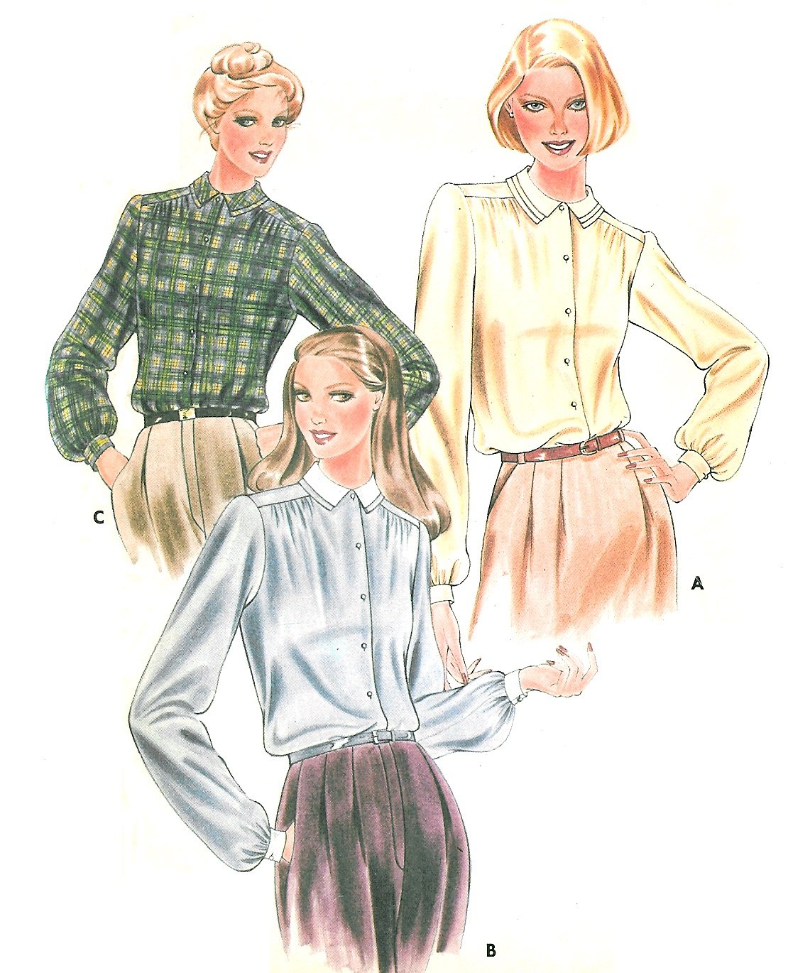 Misses Long Sleeve Blouse Shirt Sewing Pattern Sz 16 Plus Button Pleats Collar Vintage 4052