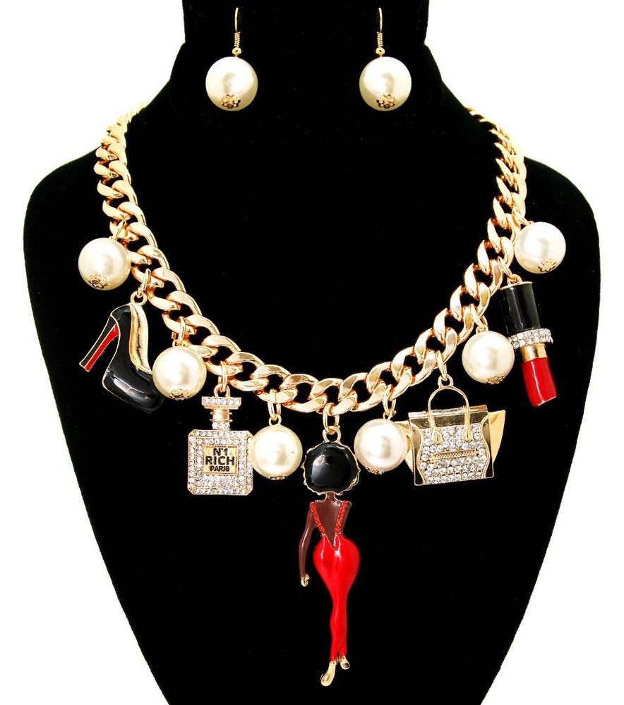 Afro Lady Diva in Red Dress Purse Perfume Bottle Lipstick Heels Pearl Necklace