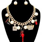 Afro Lady Diva in Red Dress Purse Perfume Bottle Lipstick Heels Pearl Necklace