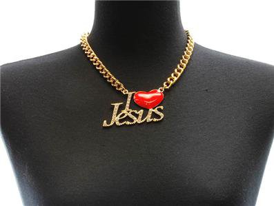 Gold Chain I Love Jesus Necklace Red Heart with Crystal Accents 16 inches long
