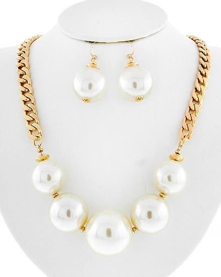 Faux Pearl Chain Necklace Earrings Set Big Pearl Necklace Chunky Cream Pearls