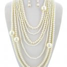 Cream Necklace Earrings Set Multi Layer Pearl Necklace Pearl Earrings Faux Pearl