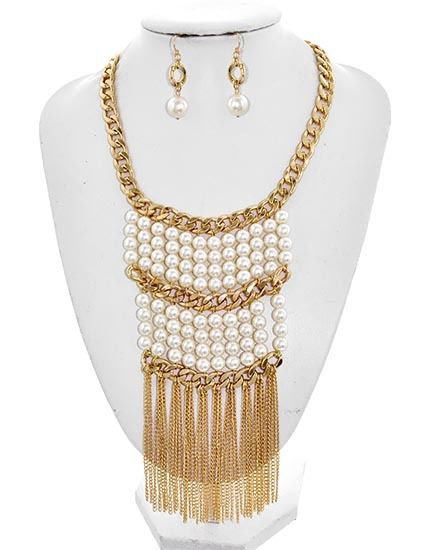 New Faux Pearl and Tassel Necklace Earrings Set Long Multi Pearl Bead Neclace