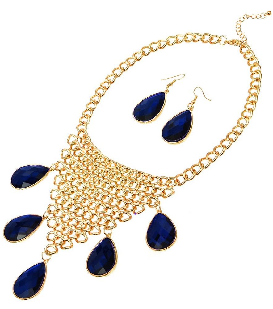 Gold Royal Blue Stone Chain Necklace Earrings Set Statement Blue Necklace