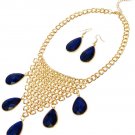 Gold Royal Blue Stone Chain Necklace Earrings Set Statement Blue Necklace