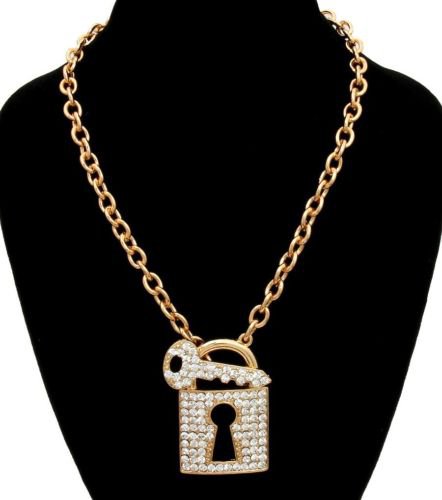 Bling Lock and Key Necklace Gold Chain Lock Necklace Gold Lock Pendant Necklace