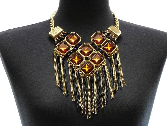 Gold Black Tassel Chain Necklace Earrings Set Brown Crystal Stone Necklace