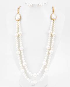Double Row Pearl Necklace and Pearl Earrings Set 26 inch Fashion Pearl Necklace