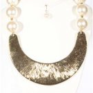 Gold Plate Bib Chunky Cream Pearl Necklace Earrings Set Pearl Bib Necklace