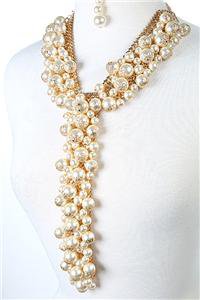 Long Cluster Pearl Necklace Earrings Set Statement Pearl Necklace Cream Pearls