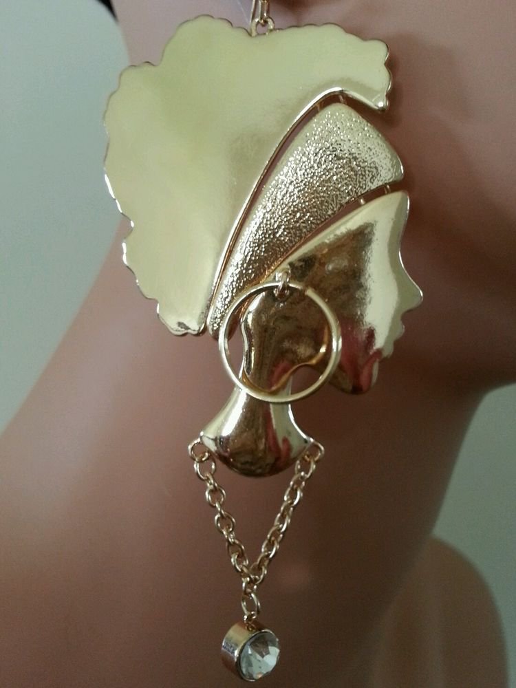 Afro Diva Lady Earrings Headband Scarf Gold Earrings Ethnic Diva Earrings 4"