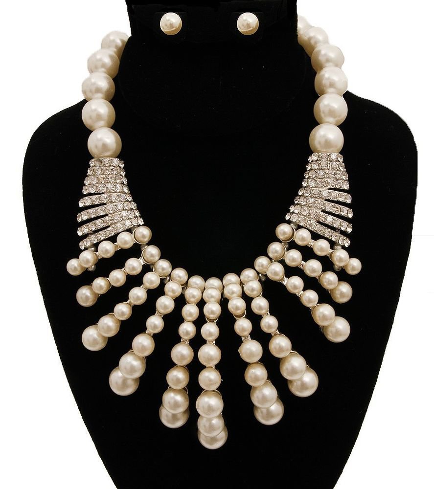 New Fancy Claw Cream Pearl Necklace Earrings Set Silver Crystal Pearl Necklace