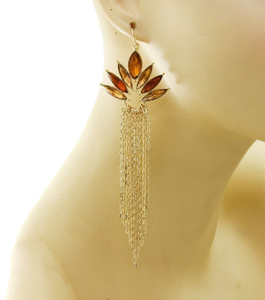 Long Brown Topaz Gold Tassel Earrings Chain Earrings Tassel Dangle Earrings 4.5