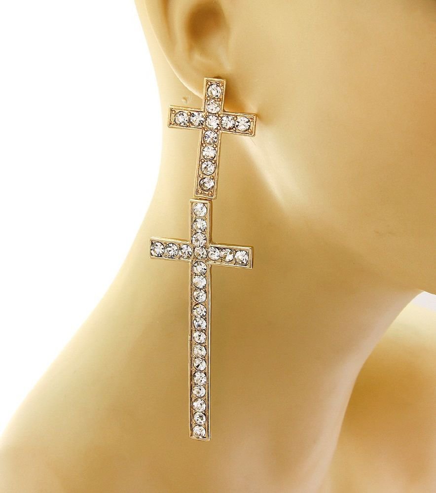 Long Gold Bling Cross Earrings Gold Cross Earrings Rhinestone Gold Earrings 4.5'