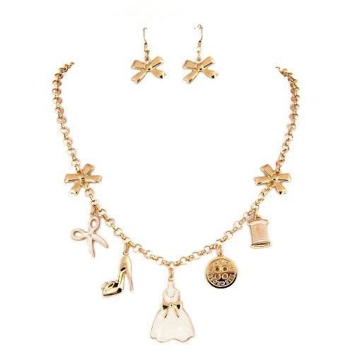 Gold Sewing Necklace Earrings Set Ribbon Dress Thimble Scissors Button Heel Shoe