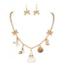 Gold Sewing Necklace Earrings Set Ribbon Dress Thimble Scissors Button Heel Shoe