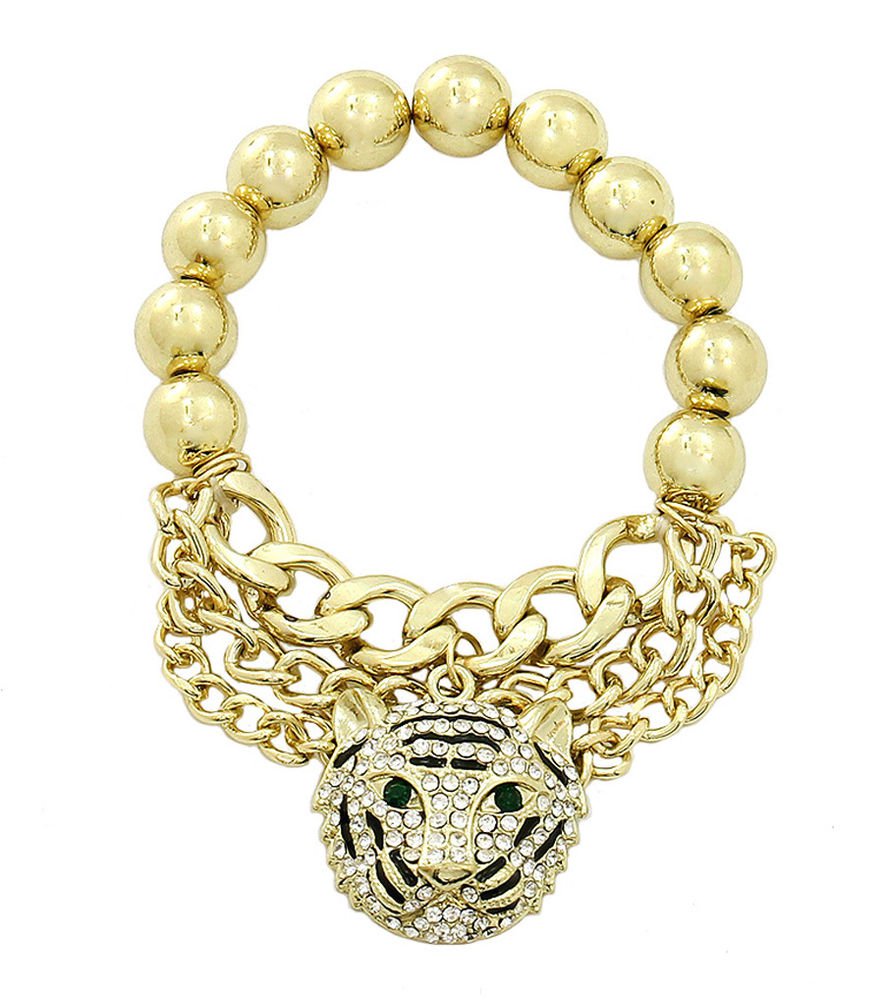 Gold Tiger Chain Bracelet Gold Bracelet Animal Lion Bead & Chain Bracelet