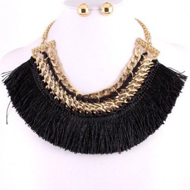 Statement Black Thread Necklace Earrings Set Gold Chain Black Thread Necklace