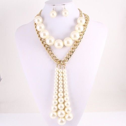Chunky Cream Pearls Earrings Set Multi Pearl Necklace Ivory Pearls Gold Chain