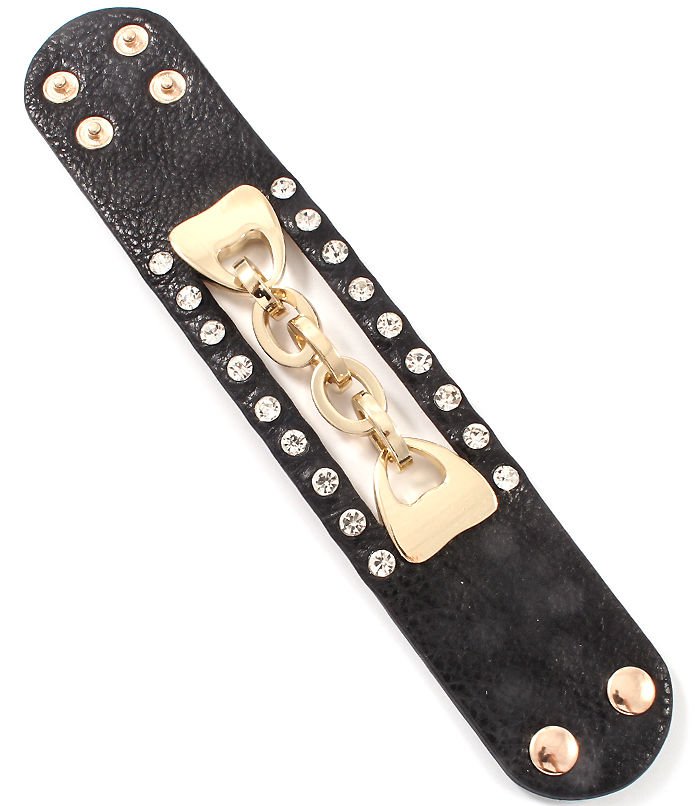 Black Faux Leather Wrap Bracelet Crystal Gold Chain Bracelet Black Bracelet