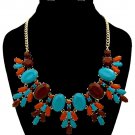 Gold Chain Blue Green Brown Stone Flower Necklace Earrings Set