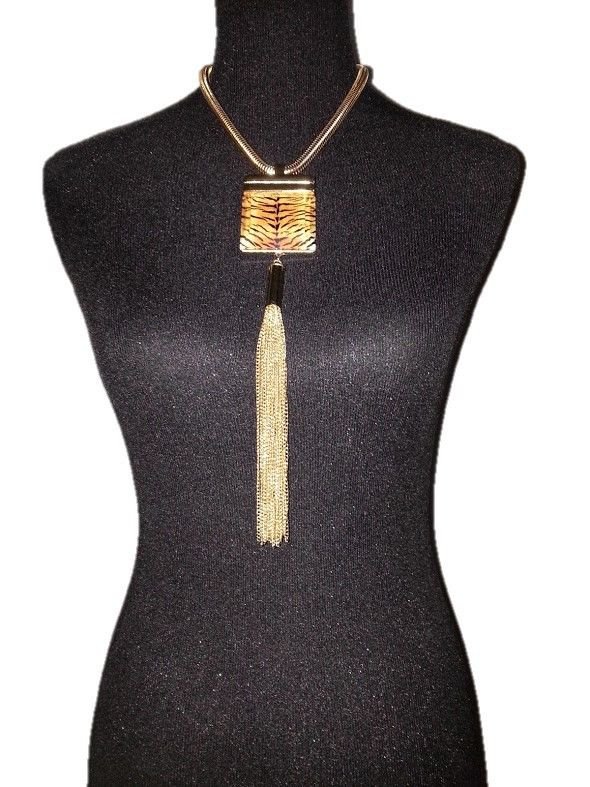 Gold Chain Tiger Print Tassel Chain Necklace Earrings Set Animal Print Necklace