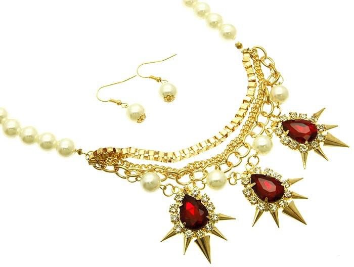 Red Crystal Pearl Chain Necklace Earrings Set Spikes & Pearl Necklace Red Stone