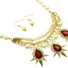 Red Crystal Pearl Chain Necklace Earrings Set Spikes & Pearl Necklace Red Stone