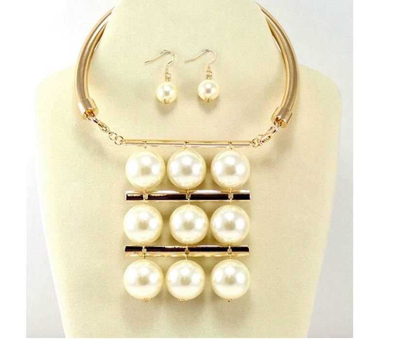 Bold Gold and Cream Pearl Necklace Set Pearl Choker Necklace Set Multi Row