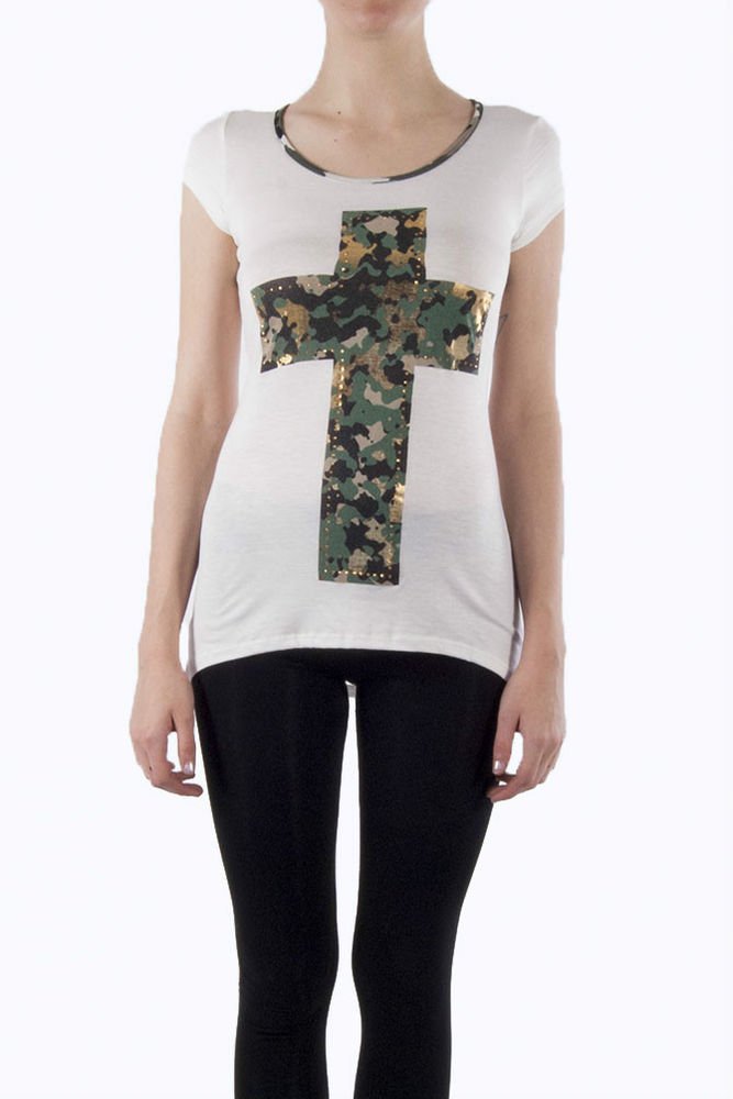 Ivory Camouflage Top Cut Out Back Army Print Military Top Cross Top Juniors S