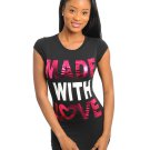 Ladies Love Tshirt Black T-Shirt Made with Love Black Top Cap Sleeve Juniors M