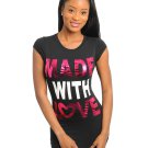 Ladies Love Tshirt Black T-Shirt Made with Love Black Top Cap Sleeve Juniors L