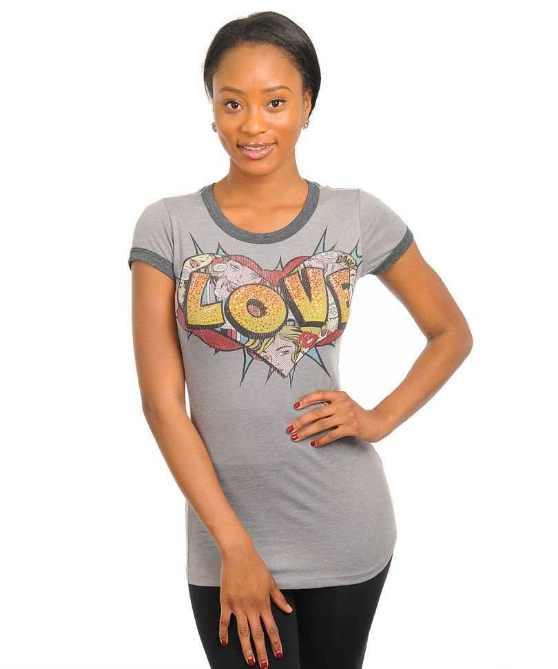 Love Top Gray Comic Book Print T-Shirt Gray Cartoon Top Short Sleeve Junior M