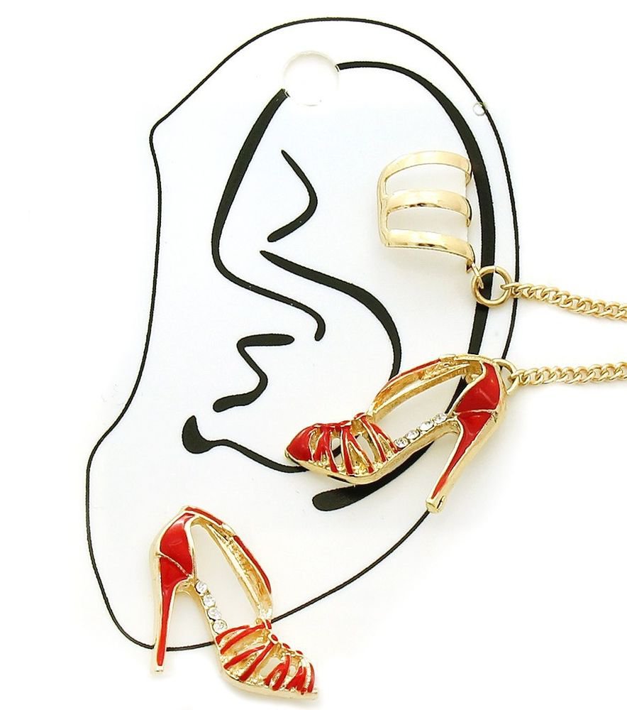 New Red and Gold High Heel Shoe Earrings Shoe Ear Cuff Earrings Red Earrings