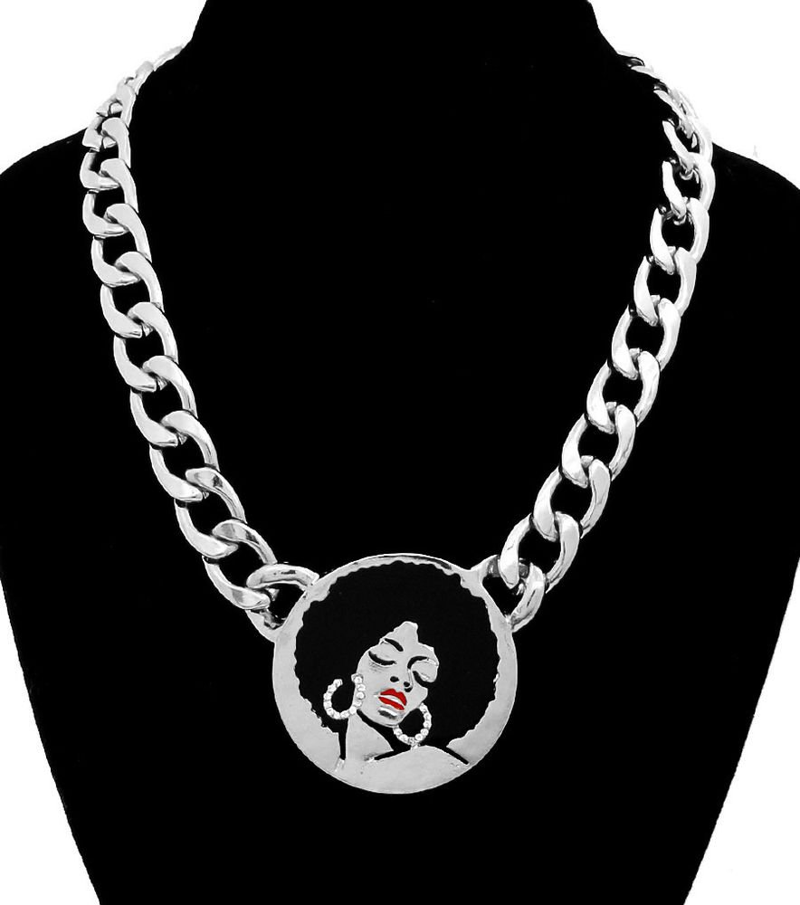 Silver Afro Lady Necklace Afro Diva Pendant Necklace Statement Chain Necklace