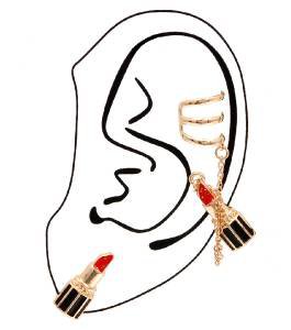 Black and Gold Lipstick Cuff Earrings Black Red Earrings Gold Ear Cuff Earrings