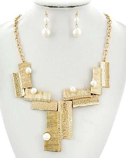 Gold Chain Faux Cream Pearl Asymmetrical Necklace Earrings Set Pearl Necklace